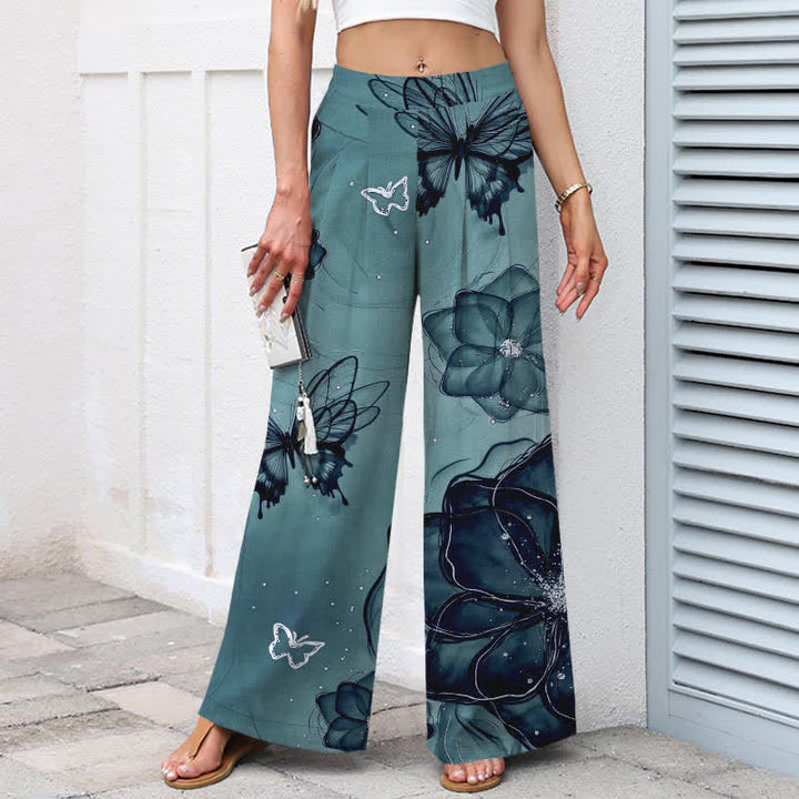 Buddha Stones Cotton Linen Butterfly Floral Pattern Women's Elastic Waist Wide Leg Pants With Pockets - image 8