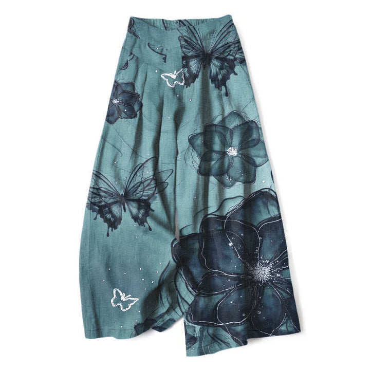 Buddha Stones Cotton Linen Butterfly Floral Pattern Women's Elastic Waist Wide Leg Pants With Pockets - MediumTurquoise - US16，UK/AU20，EU48 (3XL) - image 7