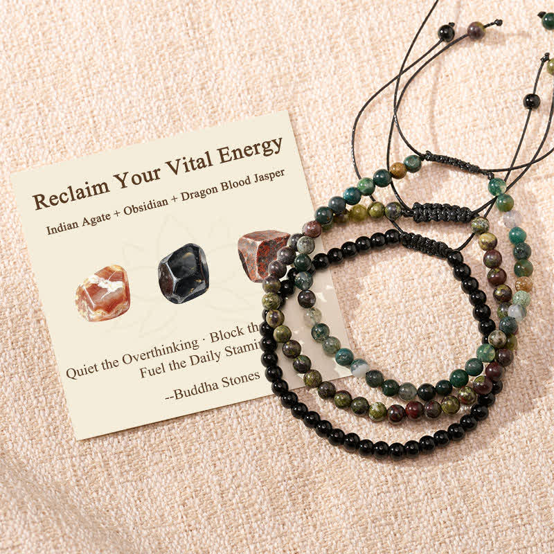 Buddha Stones 3pcs "Reclaim Your Vital Energy" Indian Agate Transformation Bracelet Includes Gift Message Card - Indian Agate Obsidian Dragon Blood Jasper - 6.3–6.7 in (16–17 cm) - image 0
