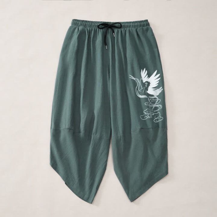 Buddha Stones Summer Casual Vintage Drawstring Crane Print Capri Pants Men's Harem Pants With Pocket - image 2