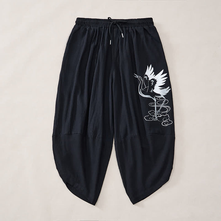 Buddha Stones Summer Casual Vintage Drawstring Crane Print Capri Pants Men's Harem Pants With Pocket - image 11