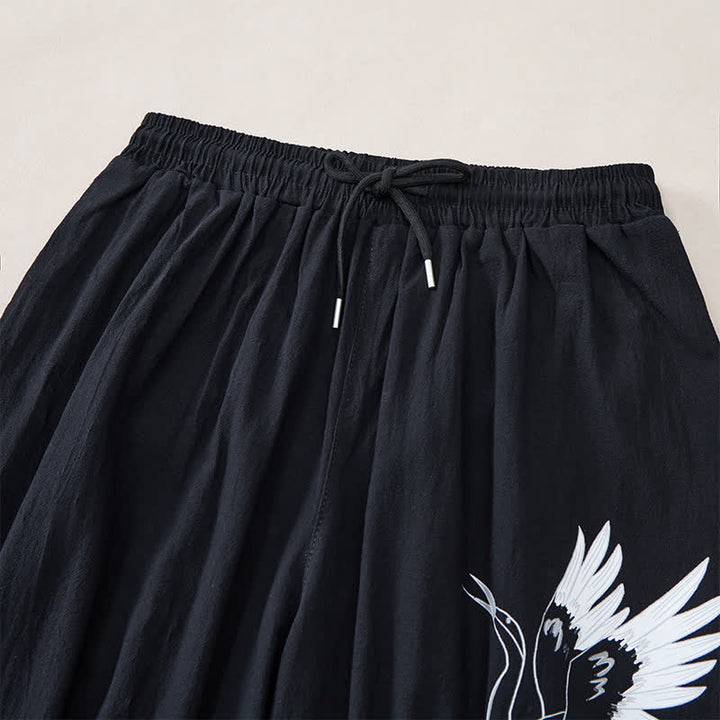 Buddha Stones Summer Casual Vintage Drawstring Crane Print Capri Pants Men's Harem Pants With Pocket - image 13
