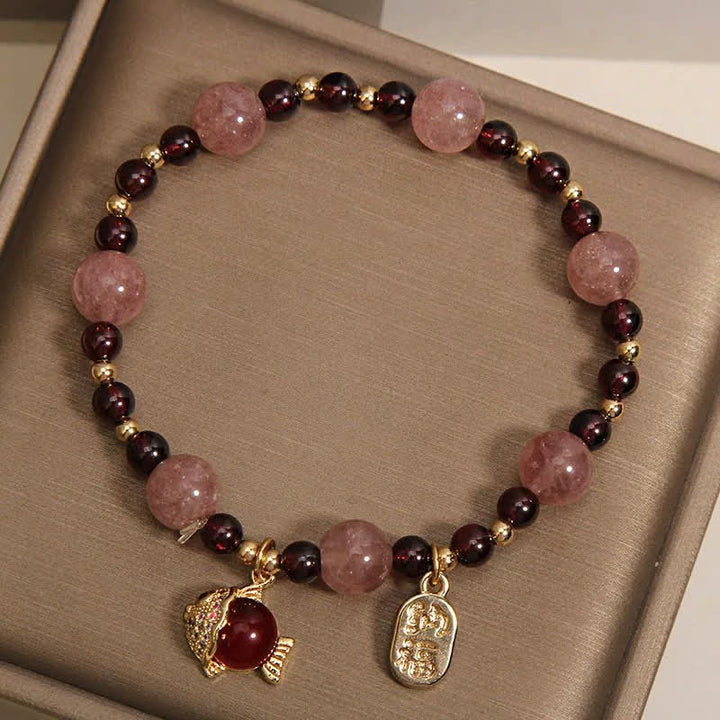 Buddha Stones Strawberry Quartz Garnet Koi Fish Fu Character Healing Bracelet - image 4