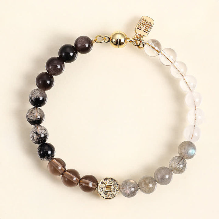Buddha Stones Tiger Eye Natural Stone Fu Character Copper Coins Happiness Bracelet - Black Rutilated Quartz(Protection ♥ Grounding) - image 9