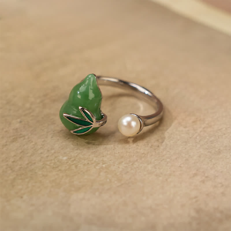 Buddha Stones Green Aventurine Gourd Pearl Leaf Open Adjustable Positivity Ring - Gourd - image 0