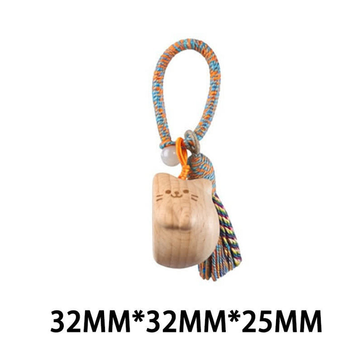 Buddha Stones Hand-Carved Light Wood Lucky Cat Tassel Grounding Keychains - Blue Reclining Cat - image 38