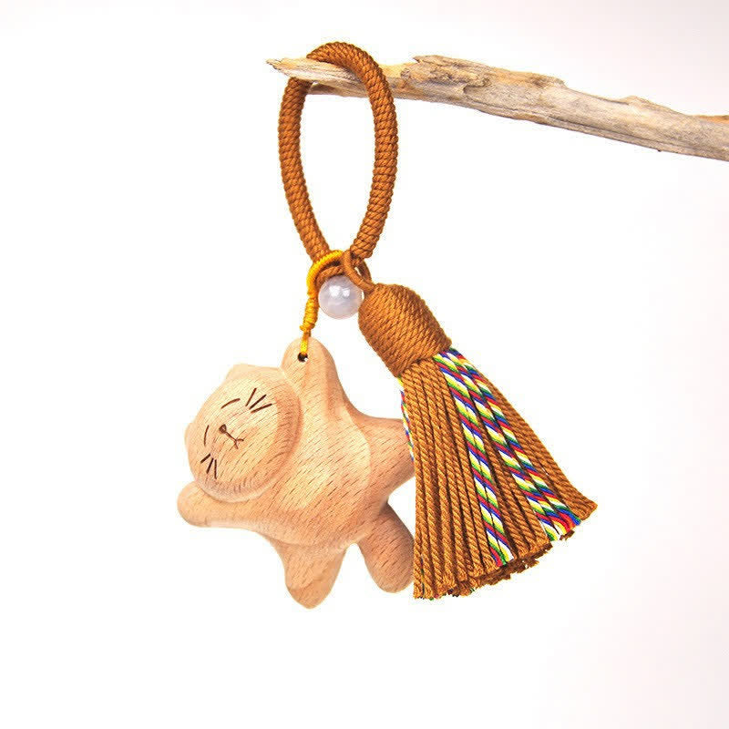 Buddha Stones Hand-Carved Light Wood Lucky Cat Tassel Grounding Keychains - Brown Reclining Cat - image 24
