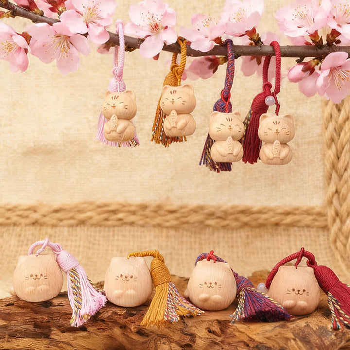 Buddha Stones Hand-Carved Light Wood Lucky Cat Tassel Grounding Keychains - image 40