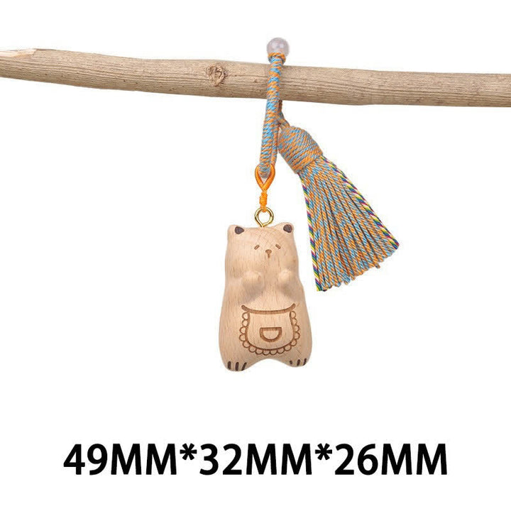 Buddha Stones Hand-Carved Light Wood Lucky Cat Tassel Grounding Keychains - Blue Apron Bear - image 29