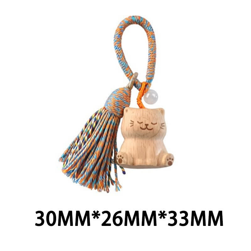 Buddha Stones Hand-Carved Light Wood Lucky Cat Tassel Grounding Keychains - Blue Sitting Cat - image 39