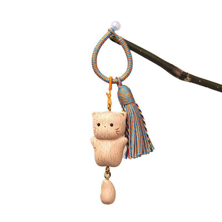 Buddha Stones Hand-Carved Light Wood Lucky Cat Tassel Grounding Keychains - Blue Teardrop Cat - image 18
