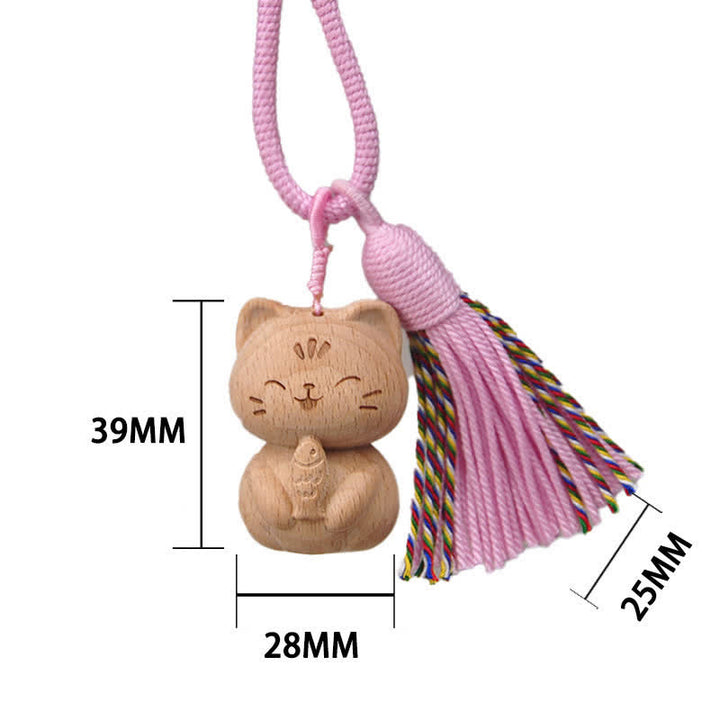 Buddha Stones Hand-Carved Light Wood Lucky Cat Tassel Grounding Keychains - Pink Cat Eating Fish - image 10