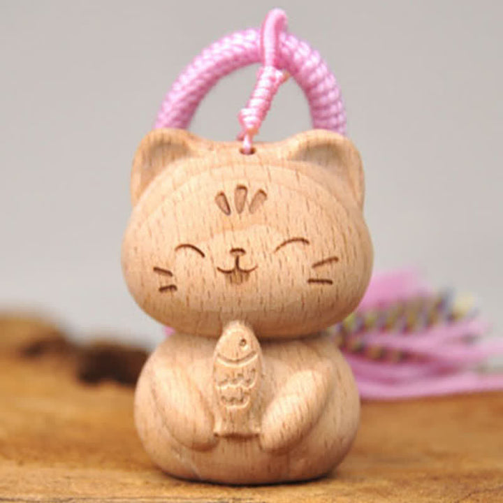 Buddha Stones Hand-Carved Light Wood Lucky Cat Tassel Grounding Keychains - image 11