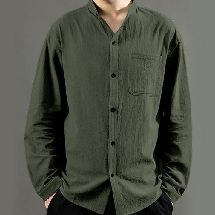 Buddha Stones Men's Long Sleeve Shirt With Pocket Stand Collar Comfort Shirt - image 1
