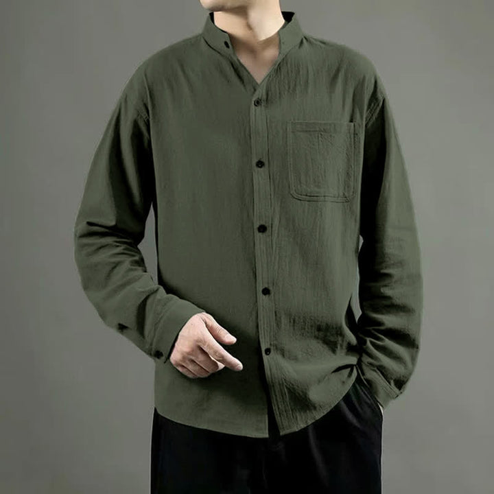 Buddha Stones Men's Long Sleeve Shirt With Pocket Stand Collar Comfort Shirt - OliveDrab - US/UK/AU46，EU56 (5XL) - image 0