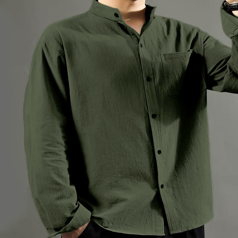 Buddha Stones Men's Long Sleeve Shirt With Pocket Stand Collar Comfort Shirt - image 4