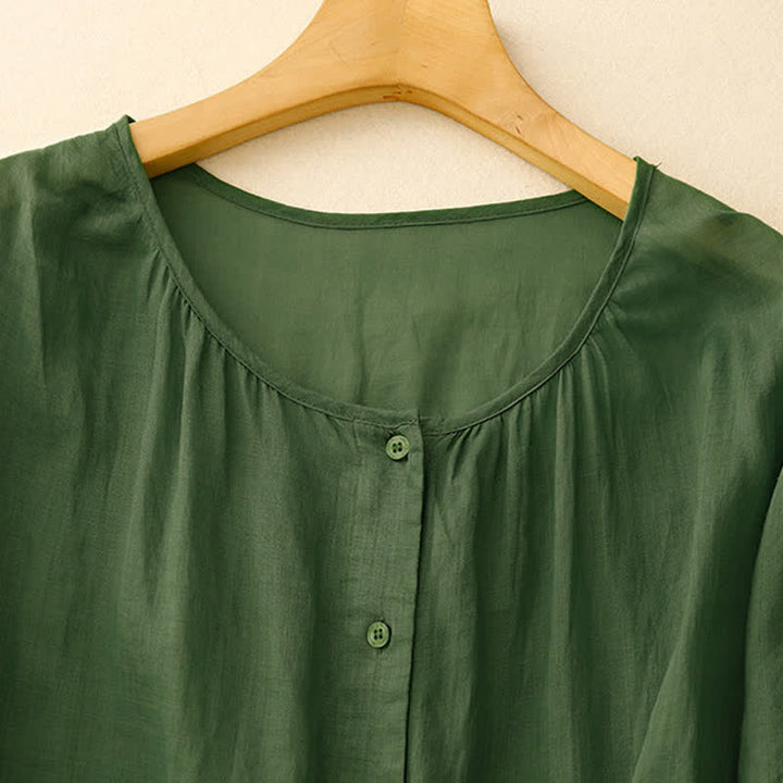 Buddha Stones Plain Button Crew Neck Design Women's Blend Three Quarter Sleeve Shirt - image 23