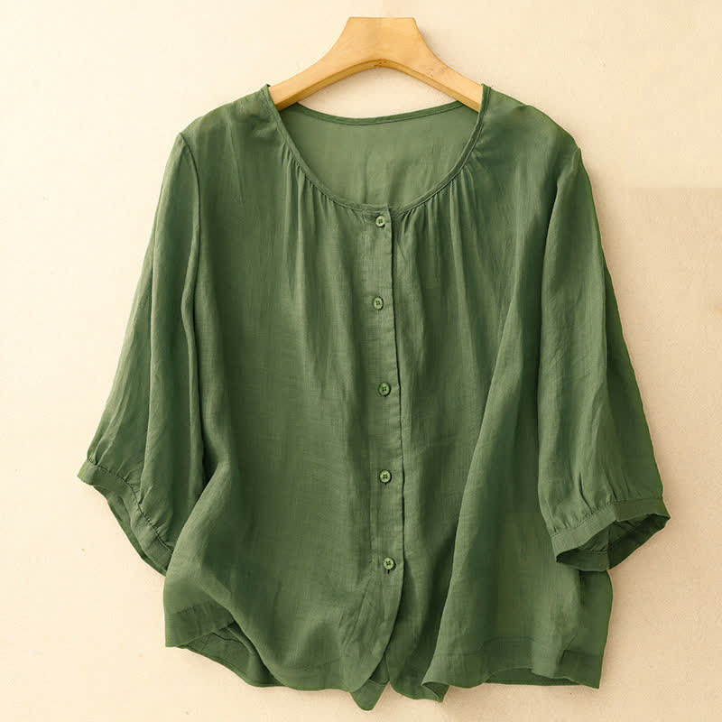 Buddha Stones Plain Button Crew Neck Design Women's  blend Three Quarter Sleeve Shirt - Green - US12，UK/AU16，EU44 (2XL) - image 22