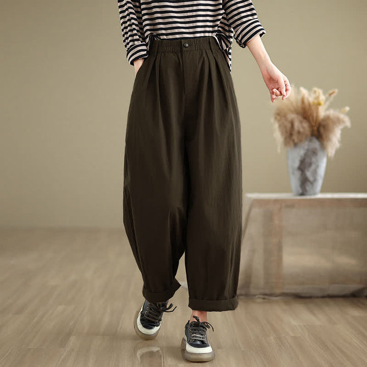 Buddha Stones Casual Solid Color One Top Button Elastic Waistband Women's Pants With Pockets - image 3