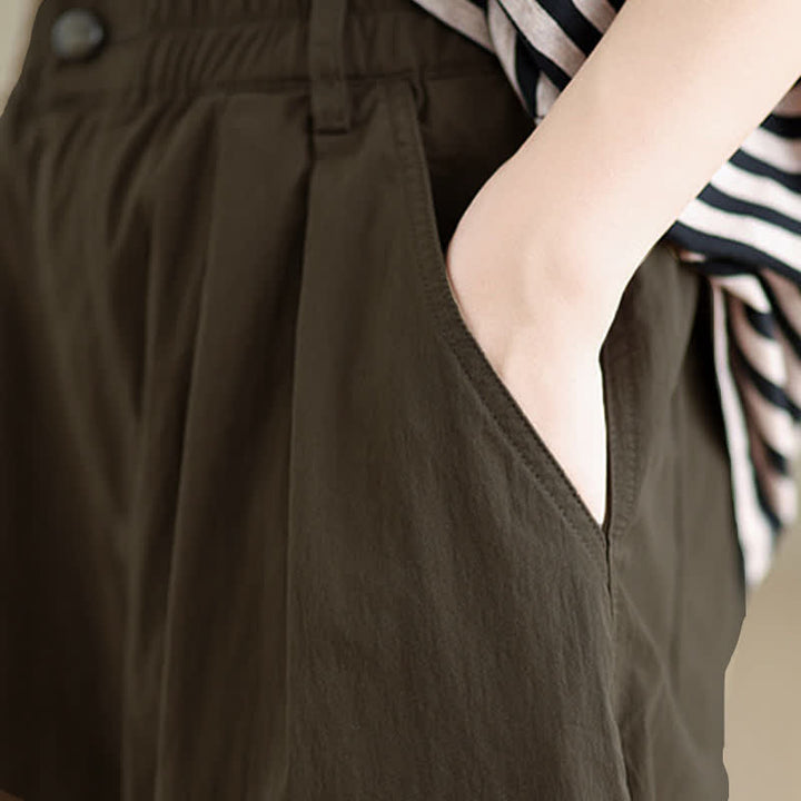 Buddha Stones Casual Solid Color One Top Button Elastic Waistband Women's Pants With Pockets - image 8