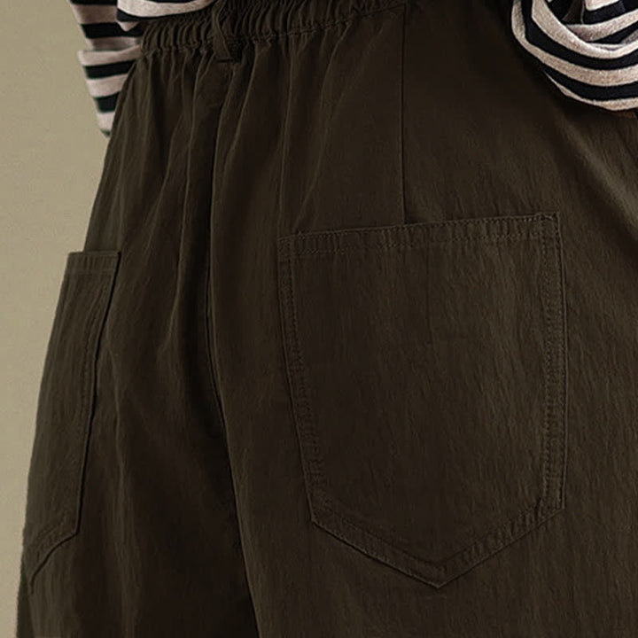 Buddha Stones Casual Solid Color One Top Button Elastic Waistband Women's Pants With Pockets - image 9