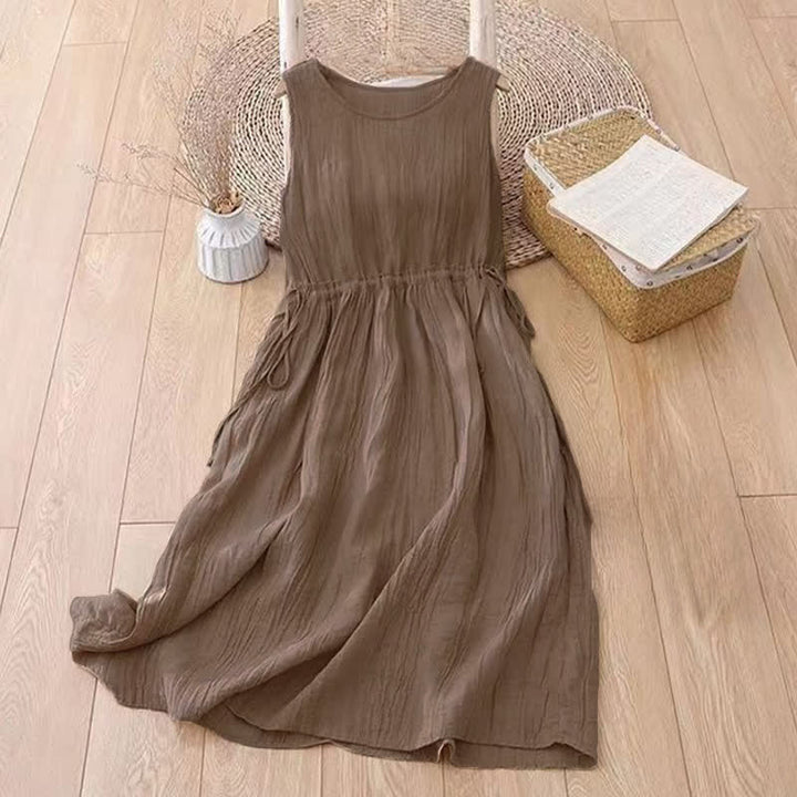 Buddha Stones Casual Plain Handmade Drawstring Waist Midi Dress Sleeveless Dress With Pockets - image 1