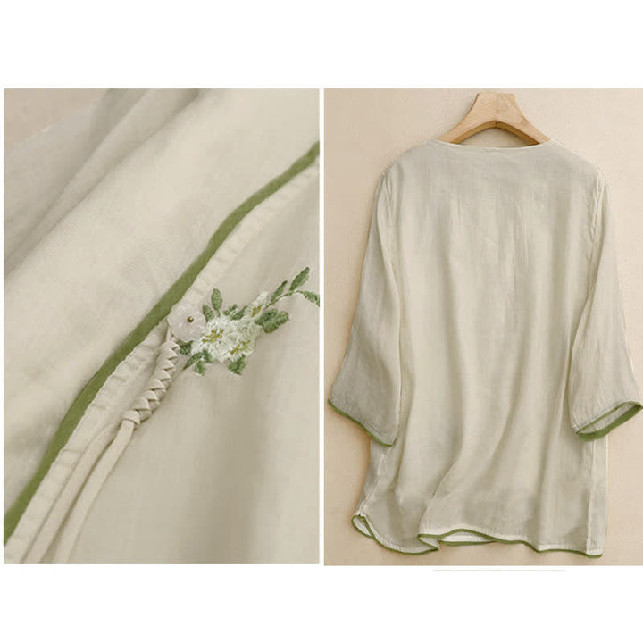 Buddha Stones Beige Floral Green Leaf Embroidery Crew Neck Three Quarter Sleeve Women's Shirt - image 1