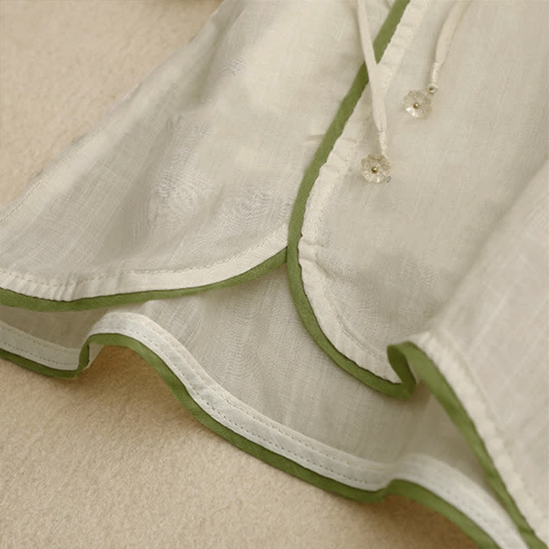 Buddha Stones Beige Floral Green Leaf Embroidery Crew Neck Three Quarter Sleeve Women's Shirt - image 6