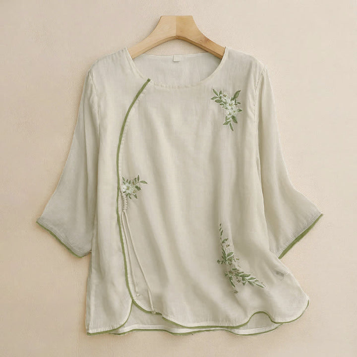 Buddha Stones Beige Floral Green Leaf Embroidery Crew Neck Three Quarter Sleeve Women's Shirt - Beige - US12，UK/AU16，EU44 (2XL) - image 0