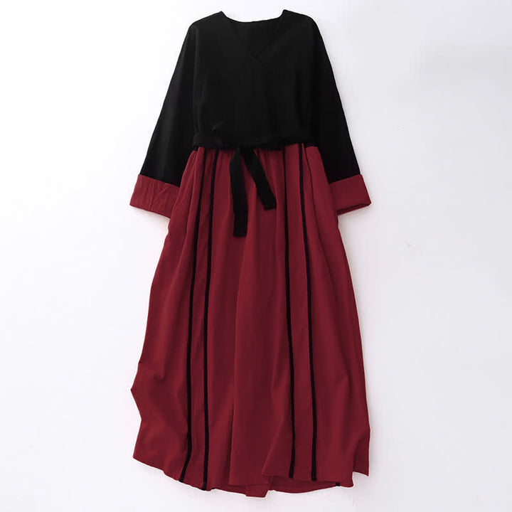Buddha Stones Color Block Lace-Up Desgin Women's Long Sleeve Midi Dress With Pockets - Crimson - US8-10，UK/AU12-14，EU40-42 (2XL) - image 0