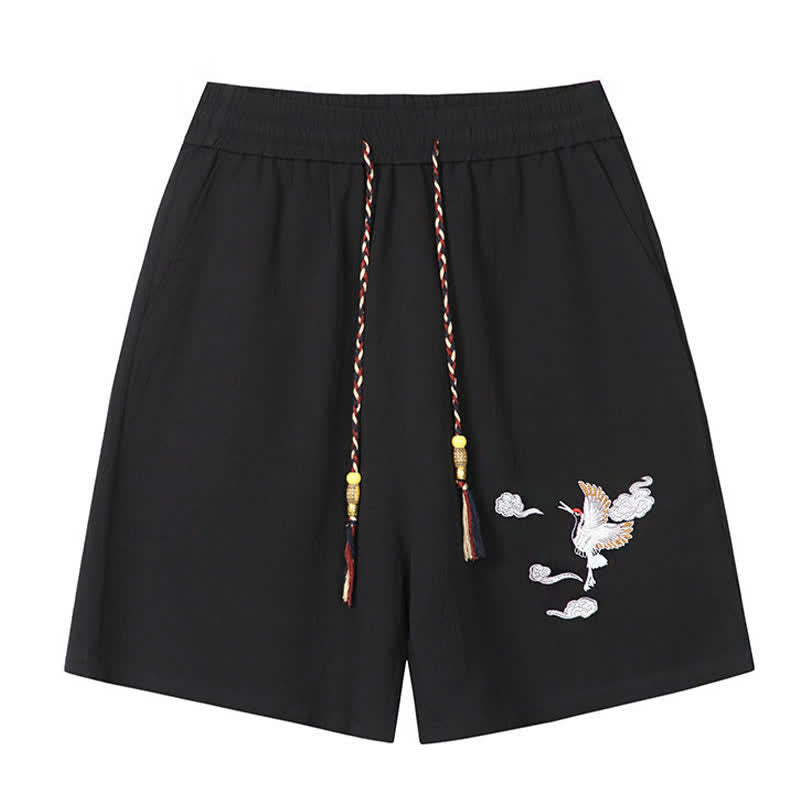 Buddha Stones Summer Casual Tang Style Embroidery Crane Auspicious Clouds Men's Shorts With Pockets - image 2