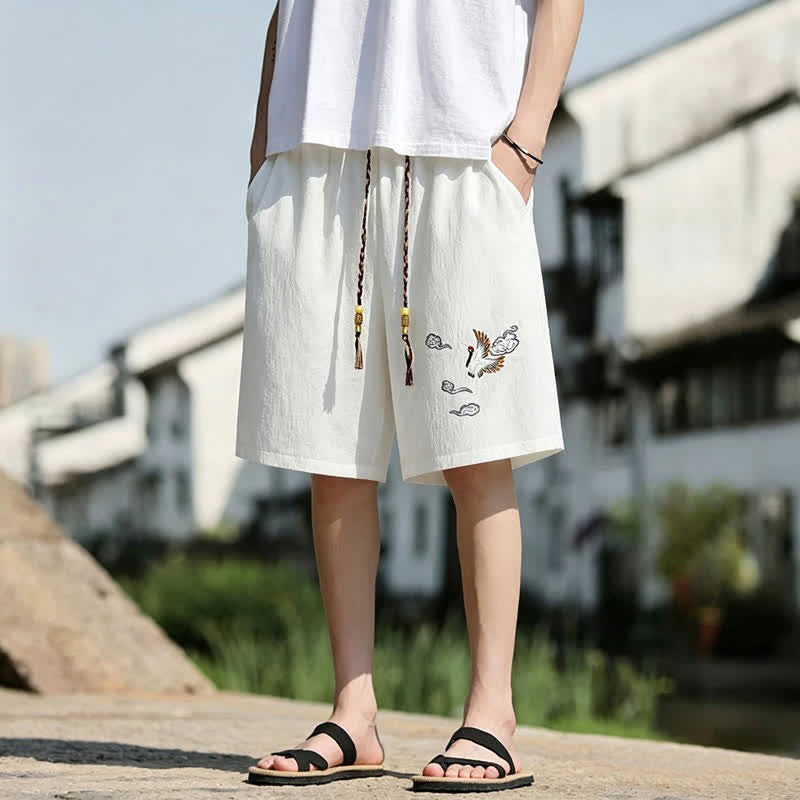 Buddha Stones Summer Casual Tang Style Embroidery Crane Auspicious Clouds Men's Shorts With Pockets - image 4