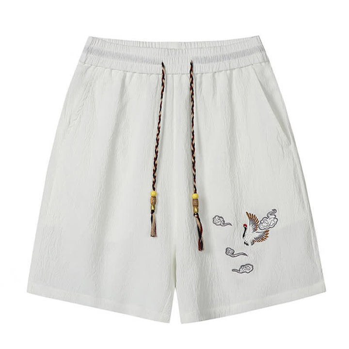 Buddha Stones Summer Casual Tang Style Embroidery Crane Auspicious Clouds Men's Shorts With Pockets - image 6