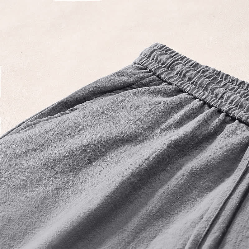 Buddha Stones Summer Casual Minimalist Drawstring Solid Decorative Side Frog Button Men's Shorts With Pockets - image 3