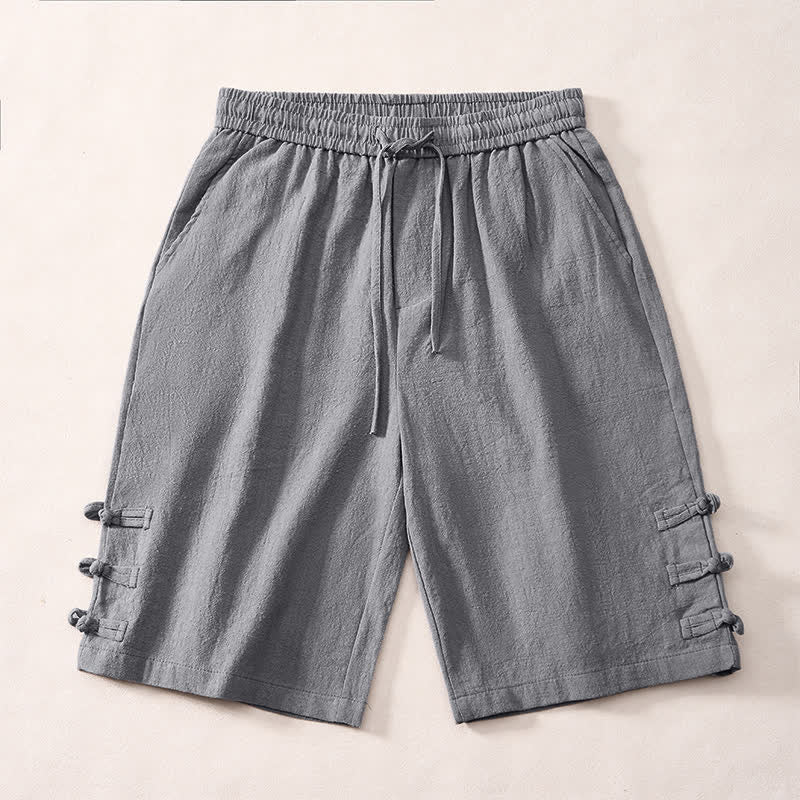 Buddha Stones Summer Casual Minimalist Drawstring Solid Decorative Side Frog Button Men's Shorts With Pockets - Gray - US/UK/AU46, EU56 (5XL) - image 0