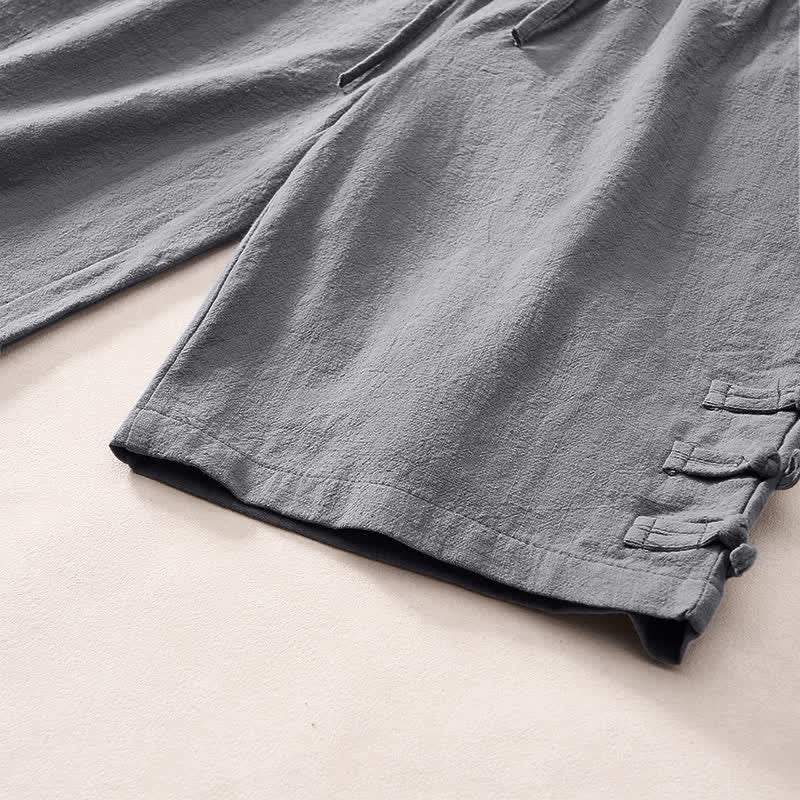 Buddha Stones Summer Casual Minimalist Drawstring Solid Decorative Side Frog Button Men's Shorts With Pockets - image 5