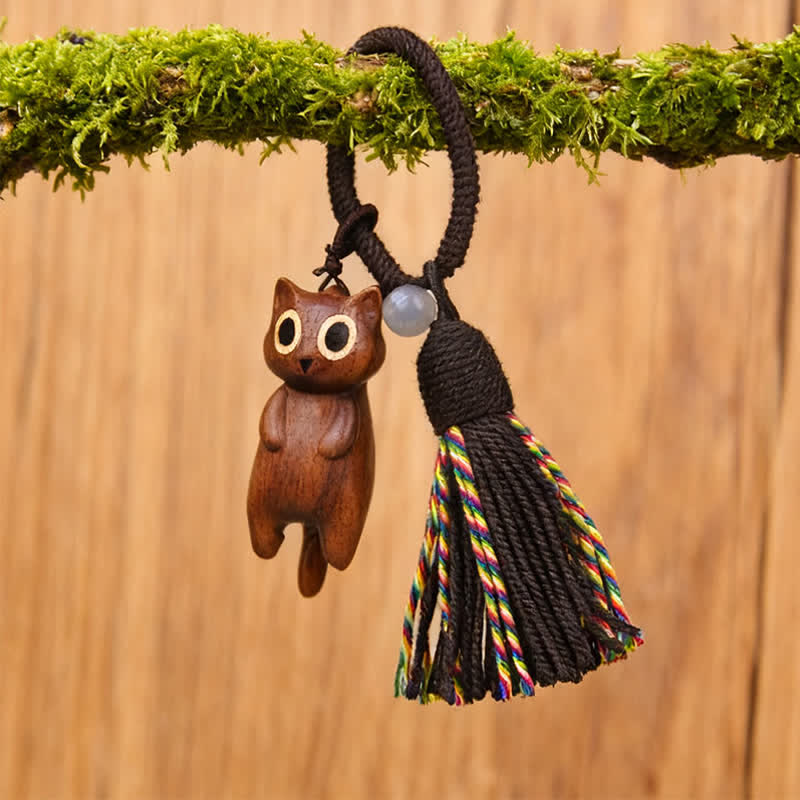Buddha Stones Hand-Carved Peach Wood Cat Tassel Wealth Keychains - image 1