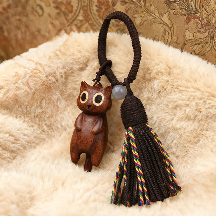 Buddha Stones Hand-Carved Peach Wood Cat Tassel Wealth Keychains - image 2