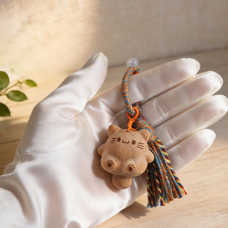 Buddha Stones Hand-Carved Natural Wood Lucky Cat Tassel Balance Keychains - image 3