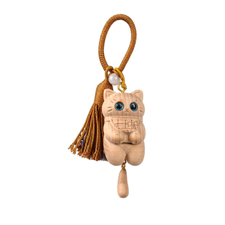Buddha Stones Carved Natural Wood Cat Tassel Simplicity Keychains - Brown - image 4