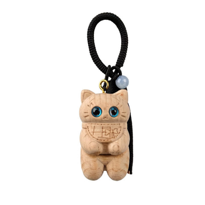 Buddha Stones Carved Natural Wood Cat Tassel Simplicity Keychains - Black - image 8