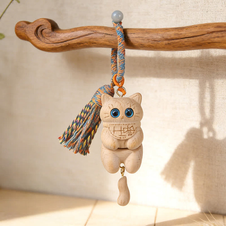 Buddha Stones Carved Natural Wood Cat Tassel Simplicity Keychains - Blue - image 0
