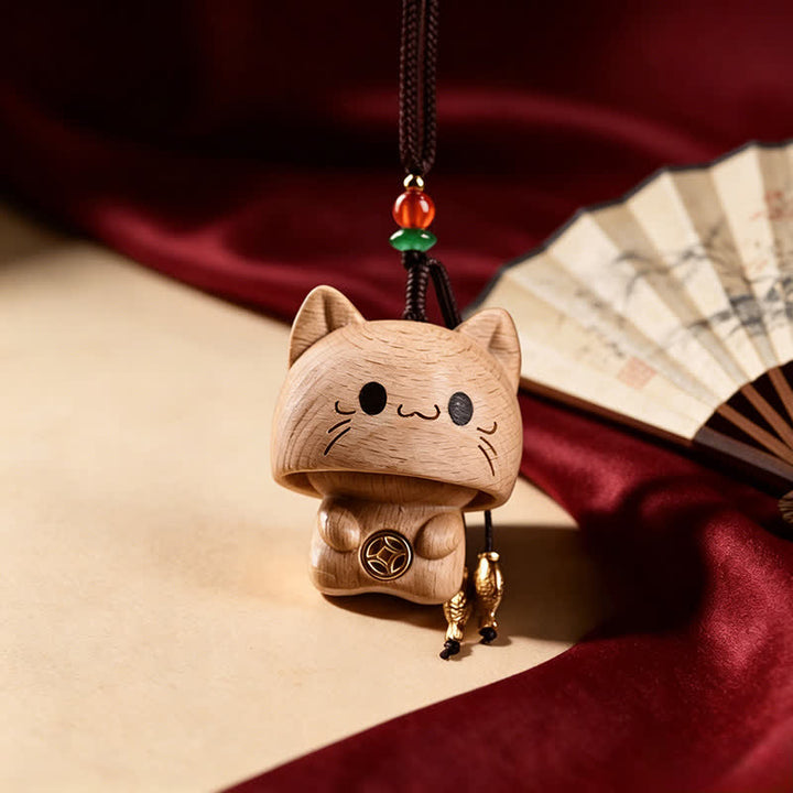 Buddha Stones Carved Natural Peach Wood Cute Cat Balance Keychains - image 1