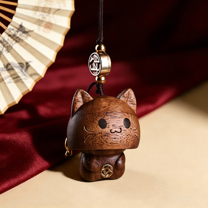 Buddha Stones Carved Natural Peach Wood Cute Cat Balance Keychains - Peach Wood - image 5
