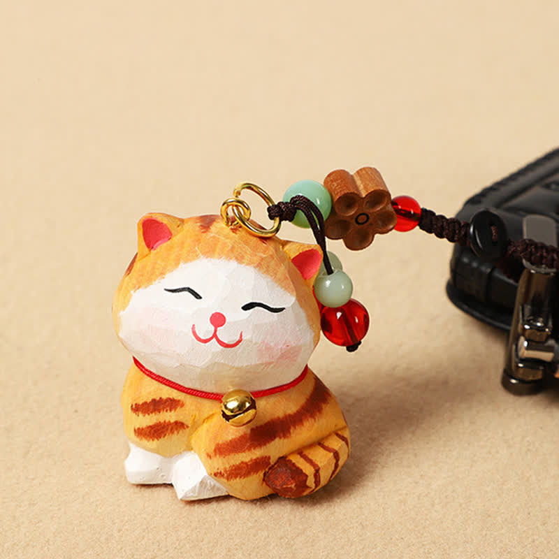 Buddha Stones Carved Wood Cat Om Mani Padme Hum Focus Keychains - Orange Cat - image 0
