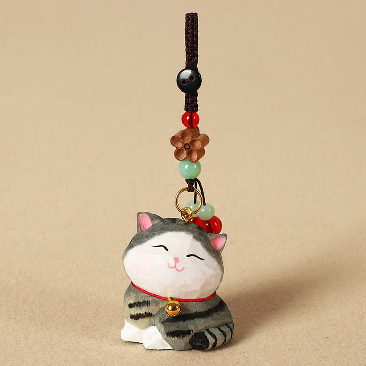 Buddha Stones Carved Wood Cat Om Mani Padme Hum Focus Keychains - Striped Cat - image 9