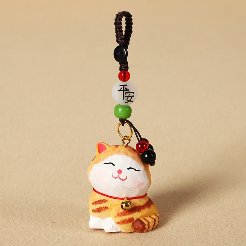 Buddha Stones Carved Wood Cat Om Mani Padme Hum Focus Keychains - Peaceful Orange Cat - image 2