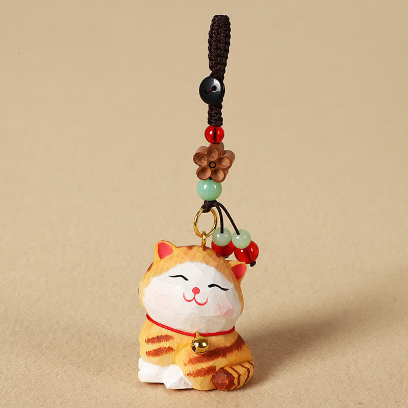Buddha Stones Carved Wood Cat Om Mani Padme Hum Focus Keychains - image 1