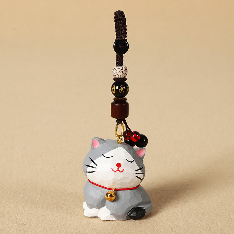 Buddha Stones Carved Wood Cat Om Mani Padme Hum Focus Keychains - Om Mani Padme Hum Gray Cat - image 14
