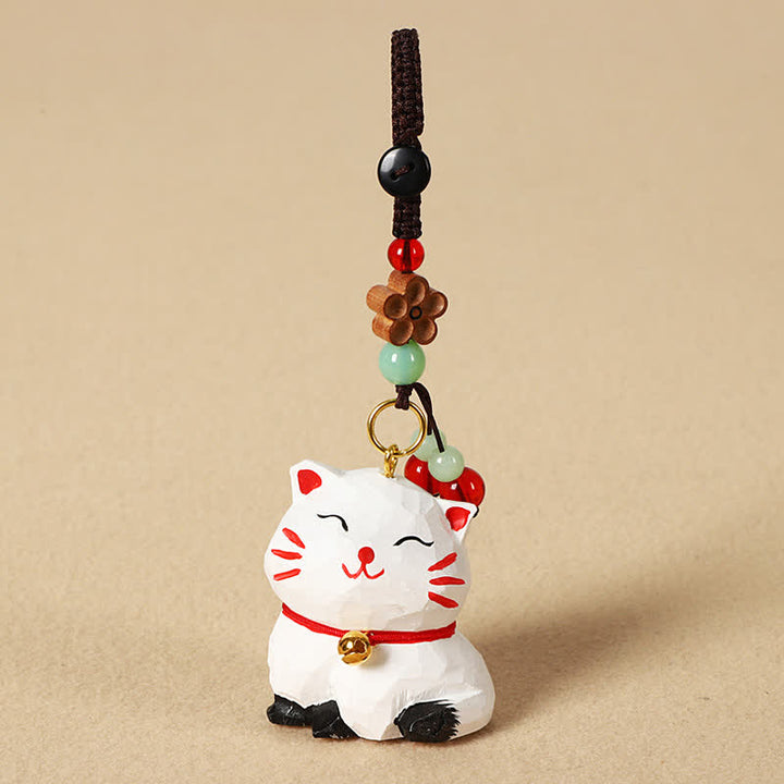 Buddha Stones Carved Wood Cat Om Mani Padme Hum Focus Keychains - White Cat - image 6